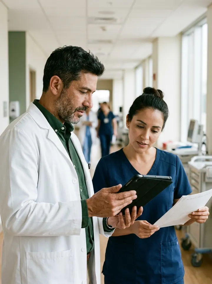 A clinician reviewing a tablet with a nurse