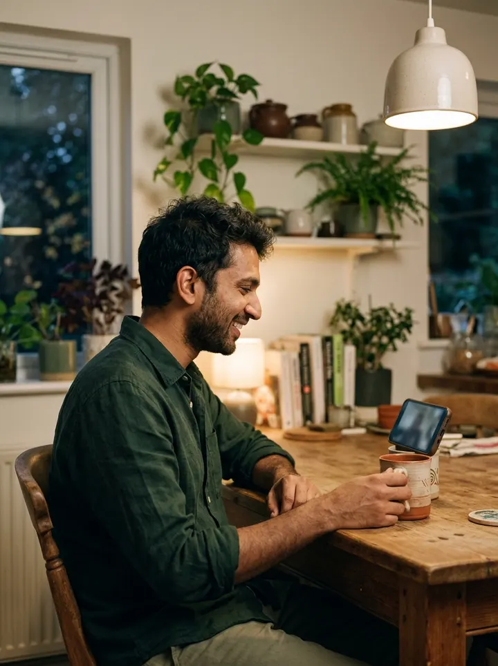 A man smiling on a phone video call at his kitchen table