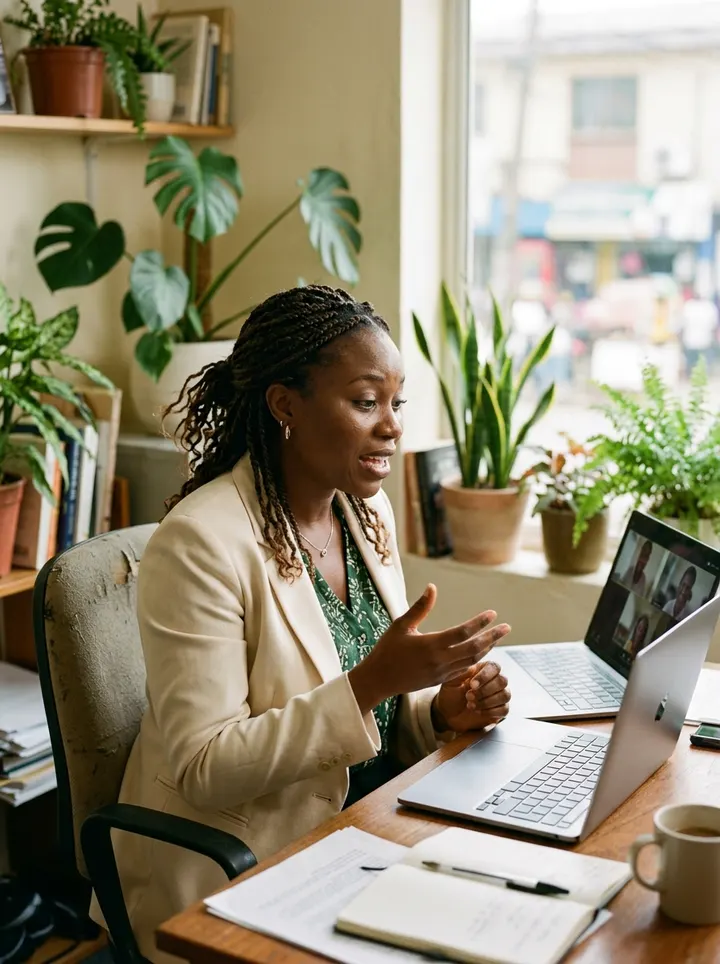 A founder in a headset speaking on a video call at her laptop
