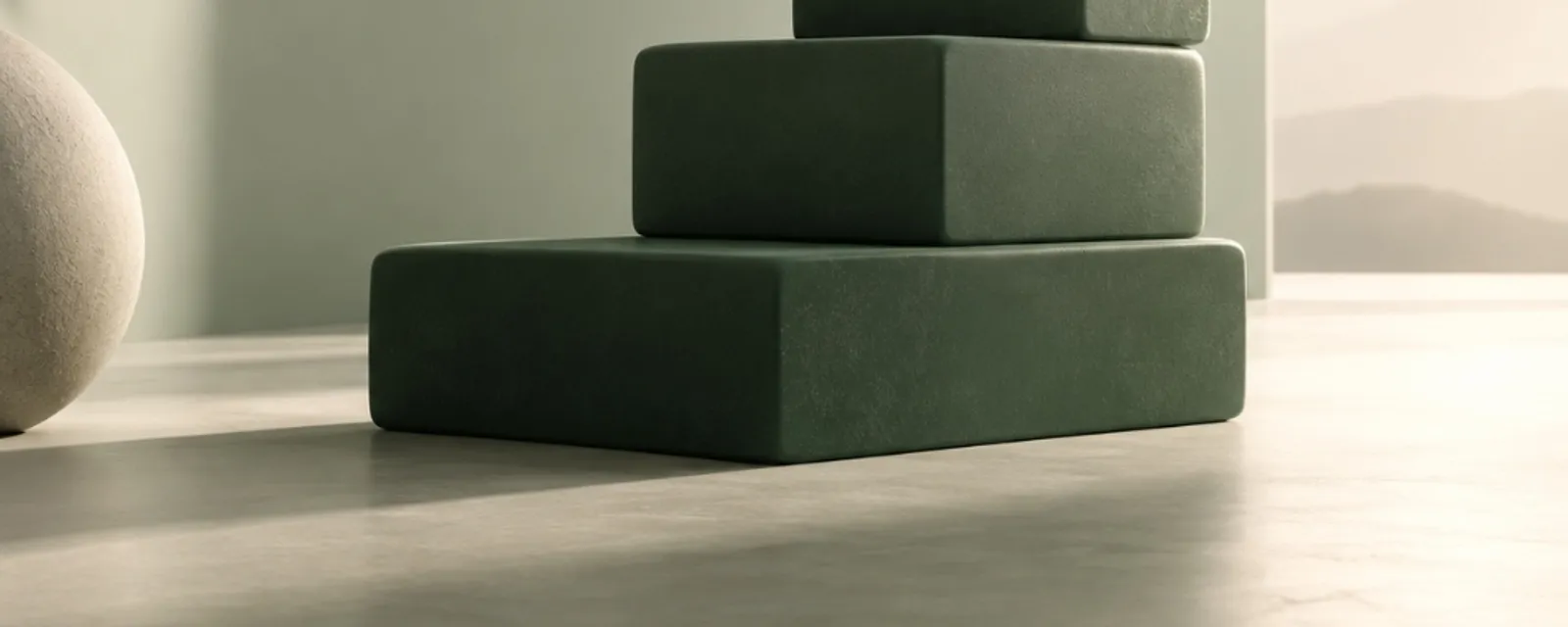 A small figure standing on top of a stepped green platform in a beam of light