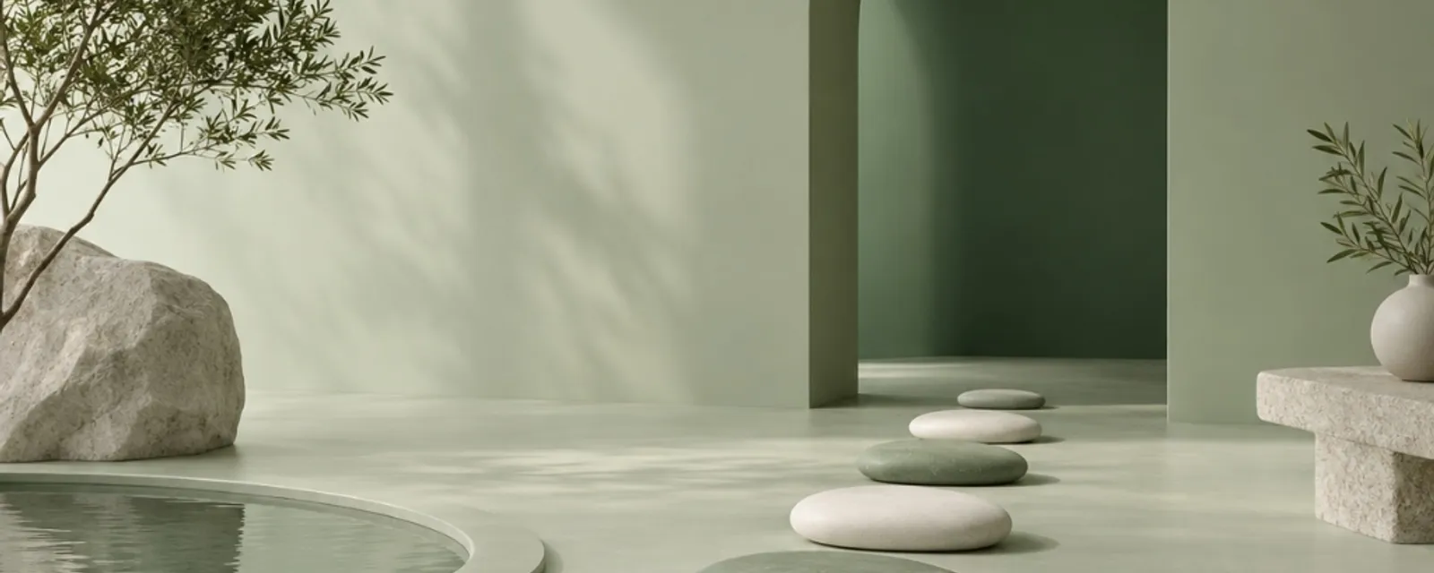 Stepping stones leading across a quiet green room toward an arched doorway