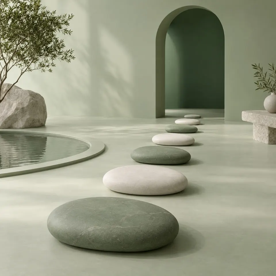 Stepping stones leading across a quiet green room toward an arched doorway