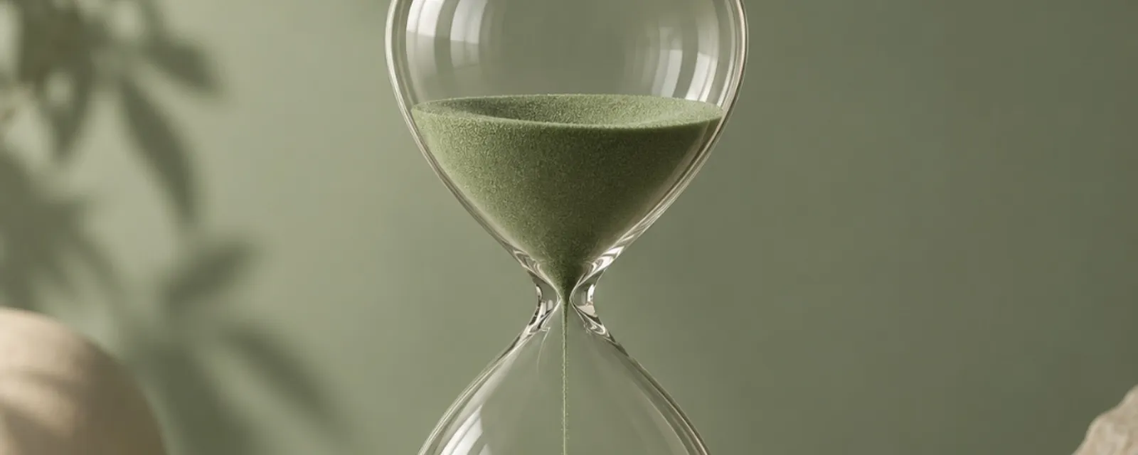 An hourglass with green sand on a wooden stand