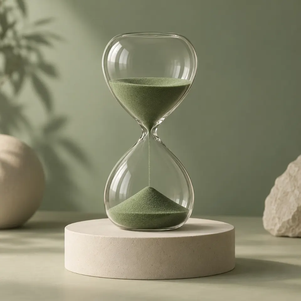 An hourglass with green sand on a wooden stand